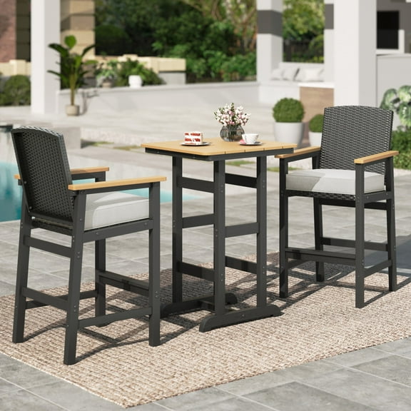 MF Studio 3-Piece HDPE Outdoor Bar Table and Chairs Set, Patio Dining Bar Bistro Table Set with Oversize Counter High Bar Stool, Black