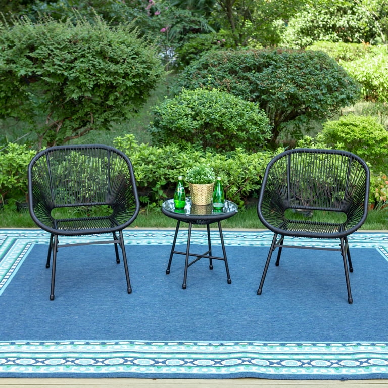 MF Studio 3 Piece Outdoor Patio Bistro Set with Handwoven PE Rattan Rope Chairs Glass Top Coffee Table Black