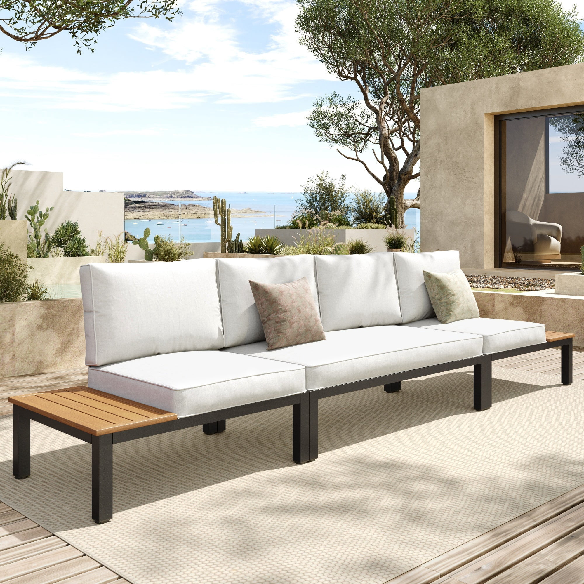 SUMMIT LIVING 3-Piece Outdoor Patio Furniture Set with Modular Sofa, Outdoor Patio Sectional Set with Wood Coffee Table and Built-in Side Table for Balcony & Couch