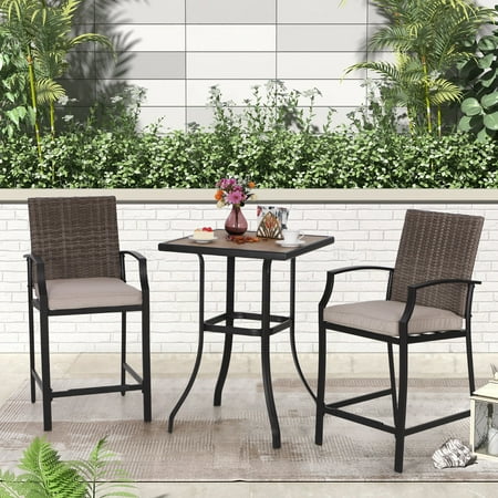 MF Studio 3-Piece Outdoor Patio Rattan Bar Stools Set with Cushioned Seat & Bar Height Table, Brown & Beige