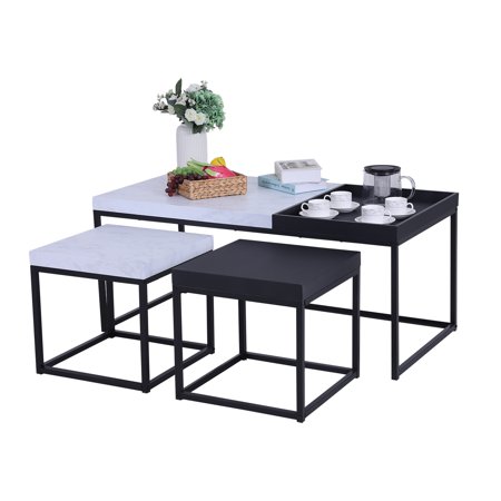 MF Studio 3 Pieces Coffee Table Sets with 1 Tray Designed Rectangle Table and 2 End Side Tables, White and Black