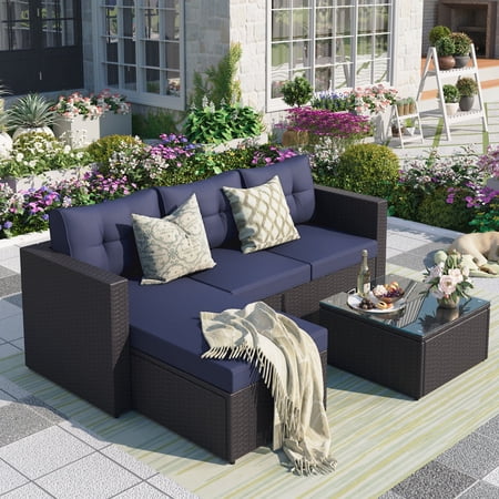 MF Studio 3 Pieces Outdoor Patio Conversation Set Wicker Sectional Sofa Set Navy Blue