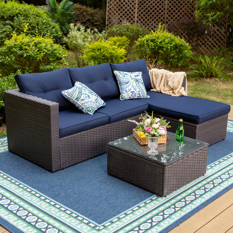 Mf Studio 3 Pieces Outdoor Sectional Sofa Set Wicker Patio Furniture Conversation With Navy Blue Cushions