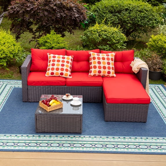 MF Studio 3 Pieces Outdoor Sectional Sofa Set Wicker Patio Furniture Conversation Set with Red Cushions