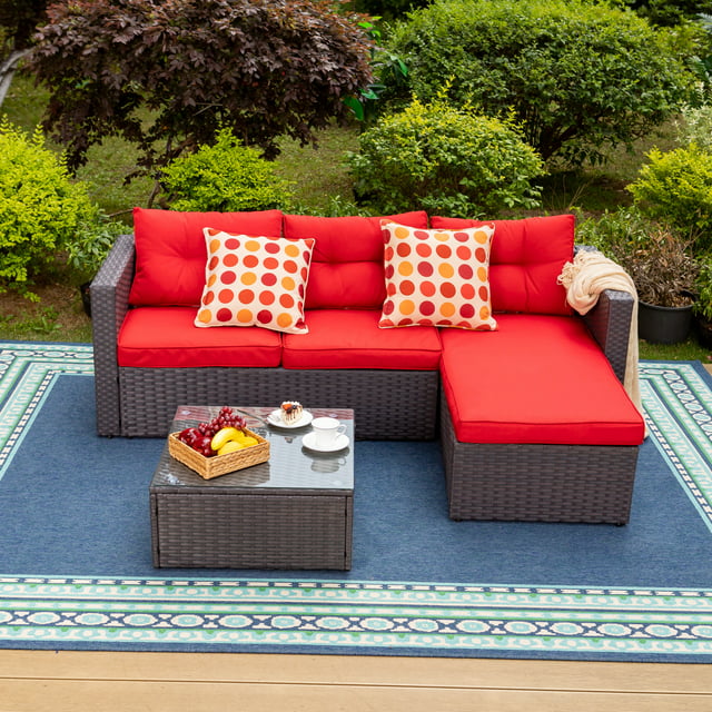 MF Studio 3 Pieces Outdoor Sectional Sofa Set Wicker Patio Furniture Conversation Set with Red Cushions