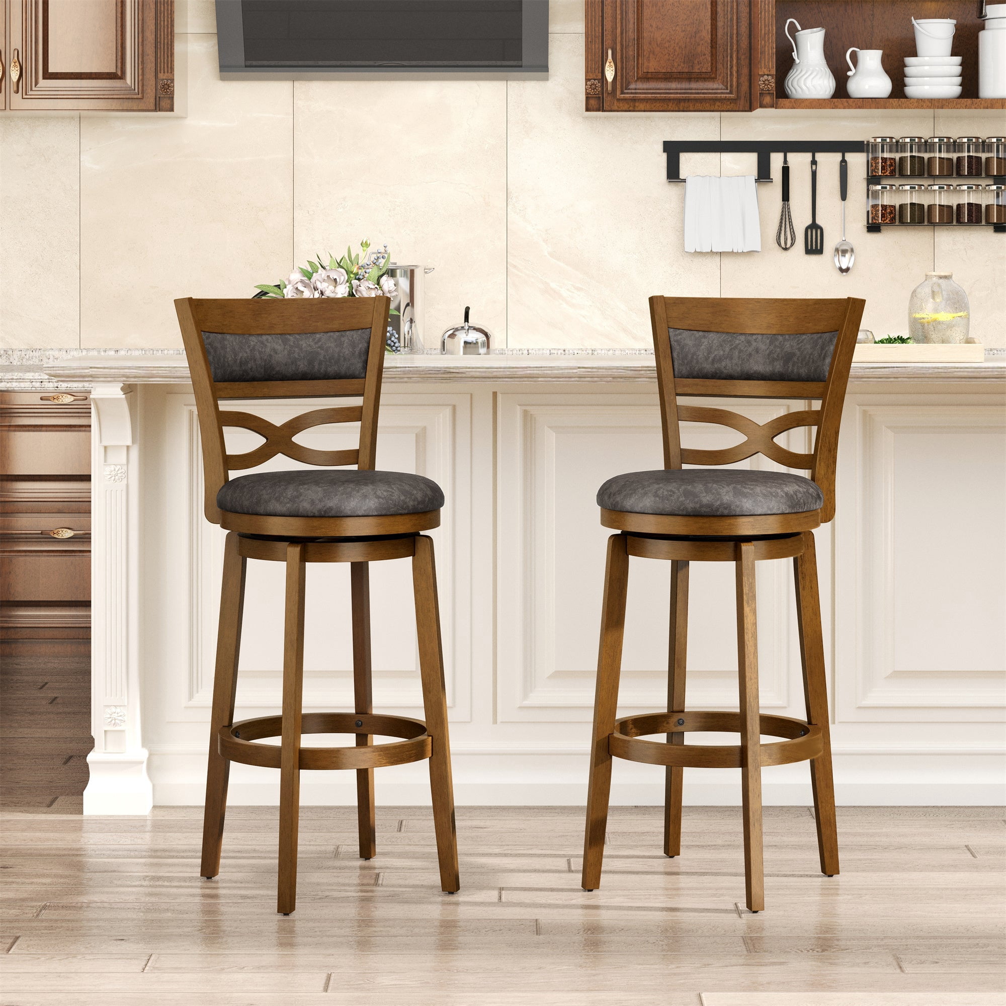 MF Studio 30" Bar Height Stool with Back Set of 2, Wood Swivel Bar Stool with Thick Upholstery Back & Extra Large Seat, Jacobean