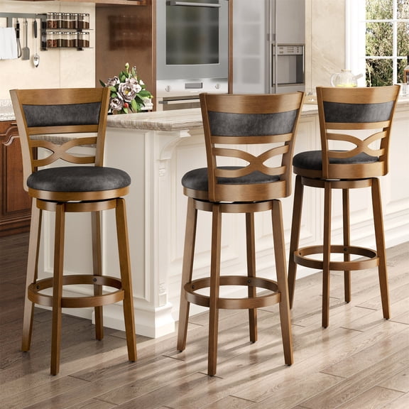 MF Studio 30" Bar Height Stool with Back Set of 3, Wood Swivel Bar Stool with Thick Upholstery Back & Extra Large Seat, Jacobean