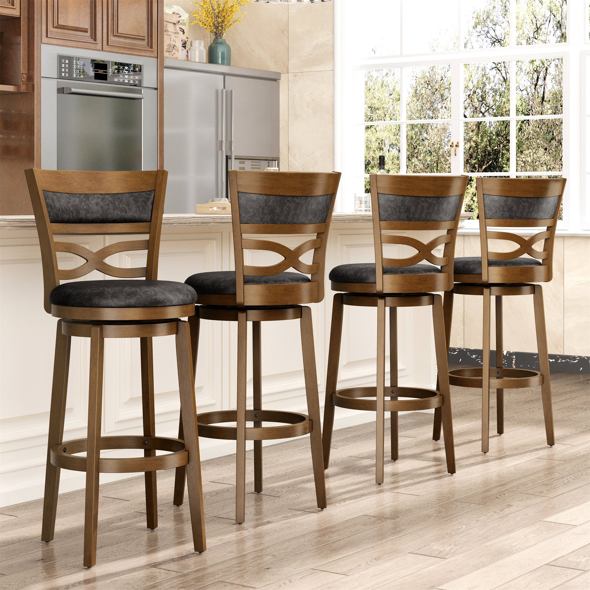 MF Studio 30" Bar Height Stool with Back Set of 4, Wood Swivel Bar Stool with Thick Upholstery Back & Extra Large Seat, Jacobean