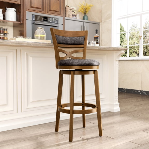 MF Studio 30" Bar Height Stool with Back, Wood Swivel Bar Stool with Thick Upholstery Back & Extra Large Seat, Jacobean