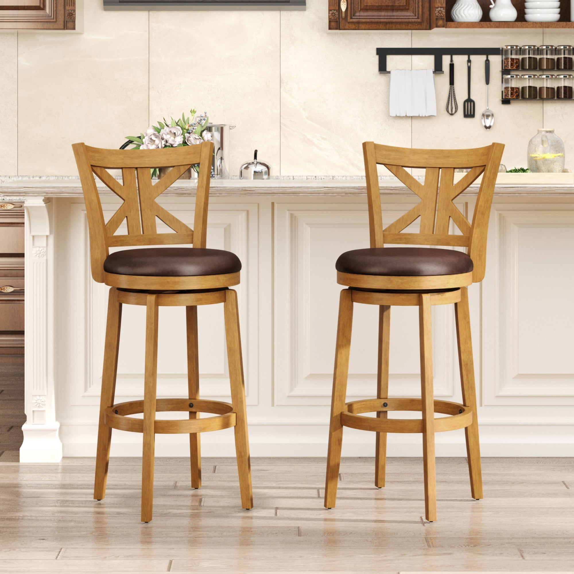 MF Studio 30" Bar Stool with Back Set of 2, Wood Swivel Bar Height Stool with K-Shaped Back & Extra Large Seat for Kitchen, Pub, Teak Color