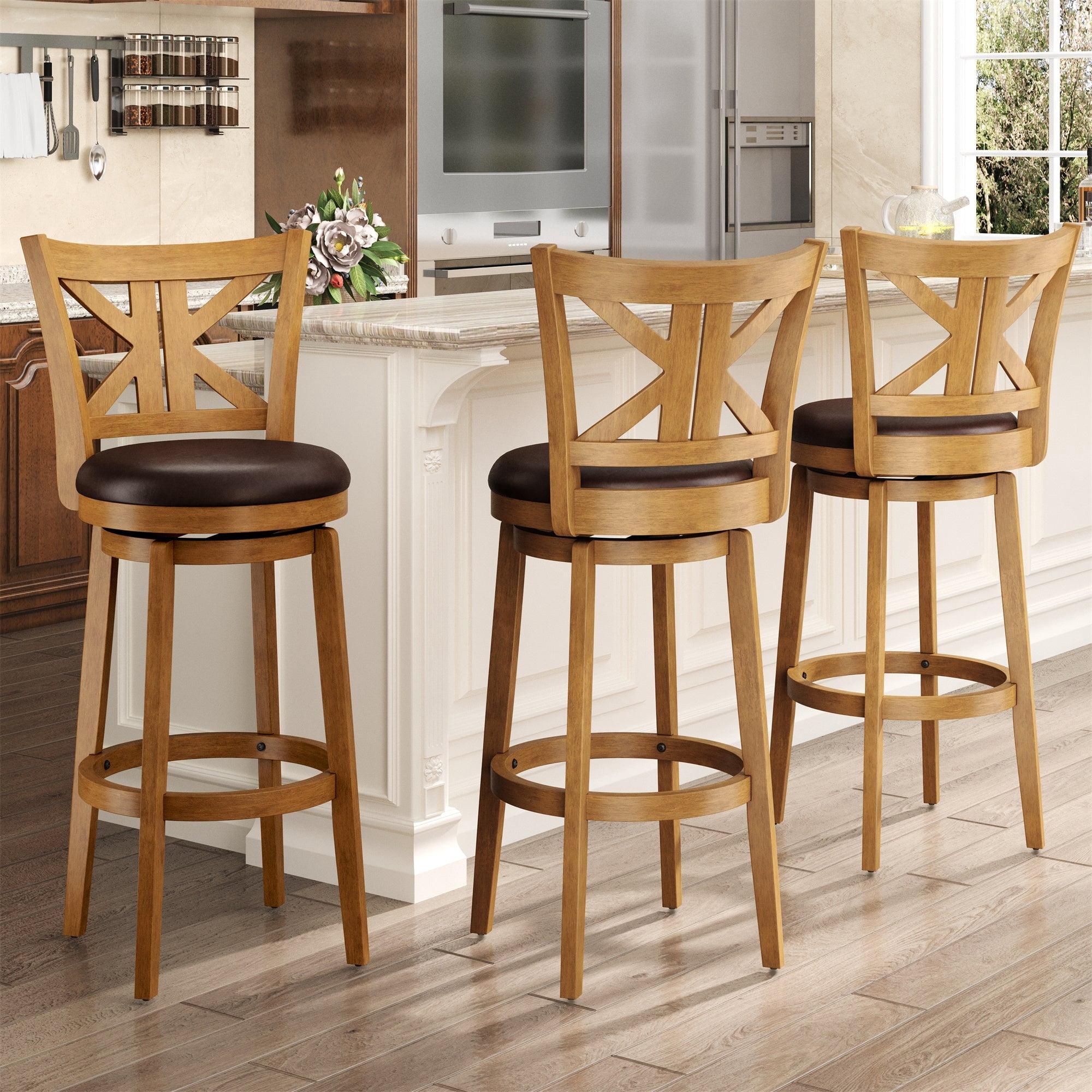 MF Studio 30" Bar Stool with Back Set of 3, Wood Swivel Bar Height Stool with K-Shaped Back & Extra Large Seat for Kitchen, Pub, Teak Color