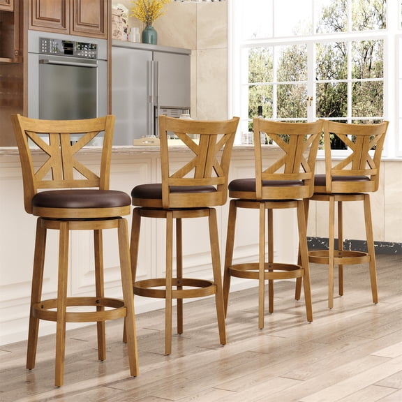 MF Studio 30" Bar Stool with Back Set of 4, Wood Swivel Bar Height Stool with K-Shaped Back & Extra Large Seat for Kitchen, Pub, Teak Color