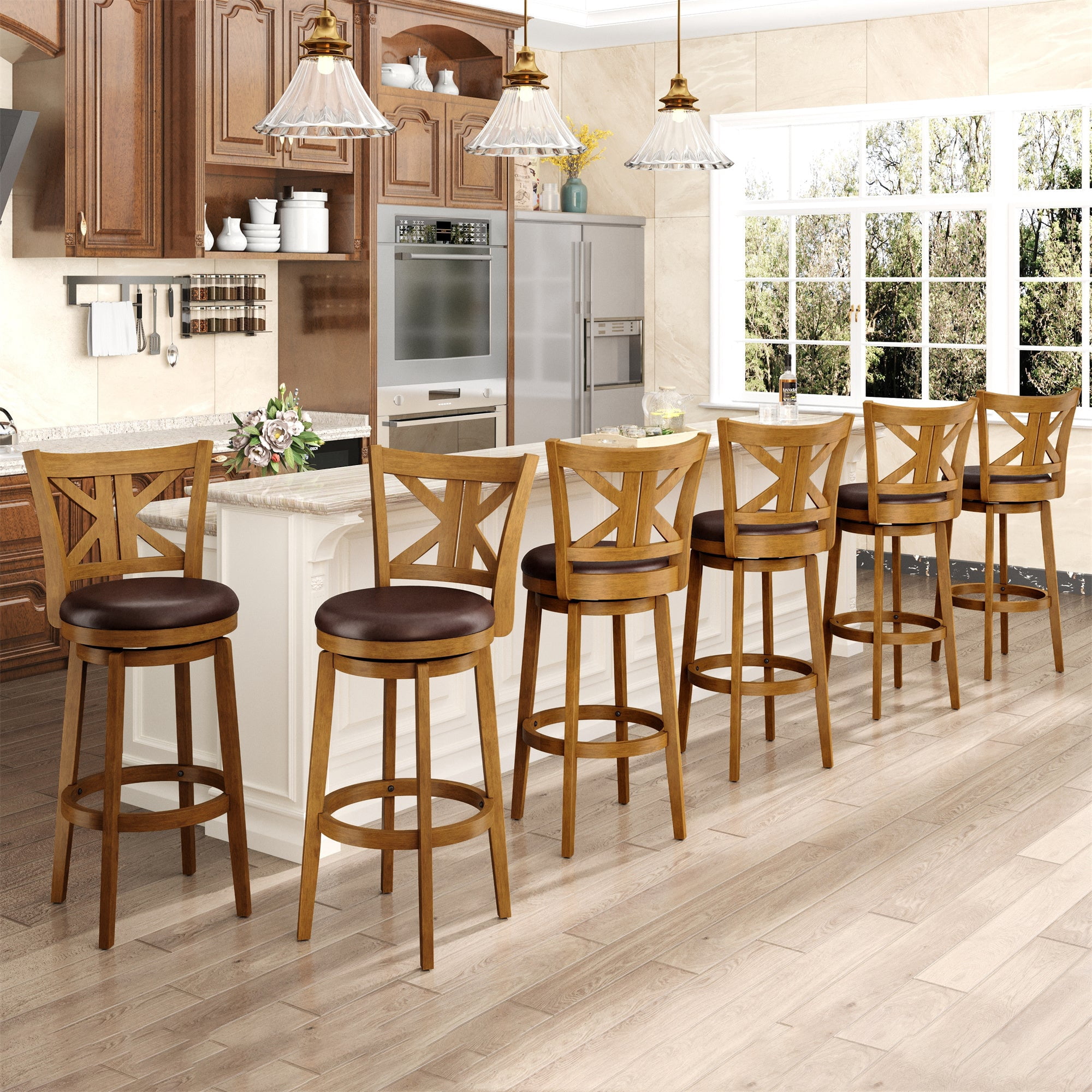 MF Studio 30" Bar Stool with Back Set of 6, Wood Swivel Bar Height Stool with K-Shaped Back & Extra Large Seat for Kitchen, Pub, Teak Color