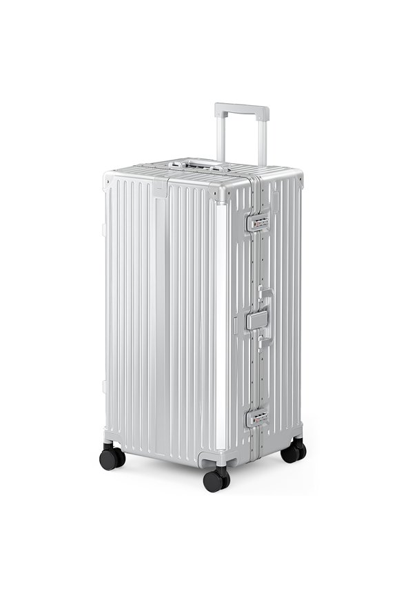 30 Inch Checked Trunk Luggage, Lightweight Zipperless PC Hardshell Suitcase with Aluminum Frame, TSA Locks, Spinner Wheels, USB Charging Port, Silver Gray