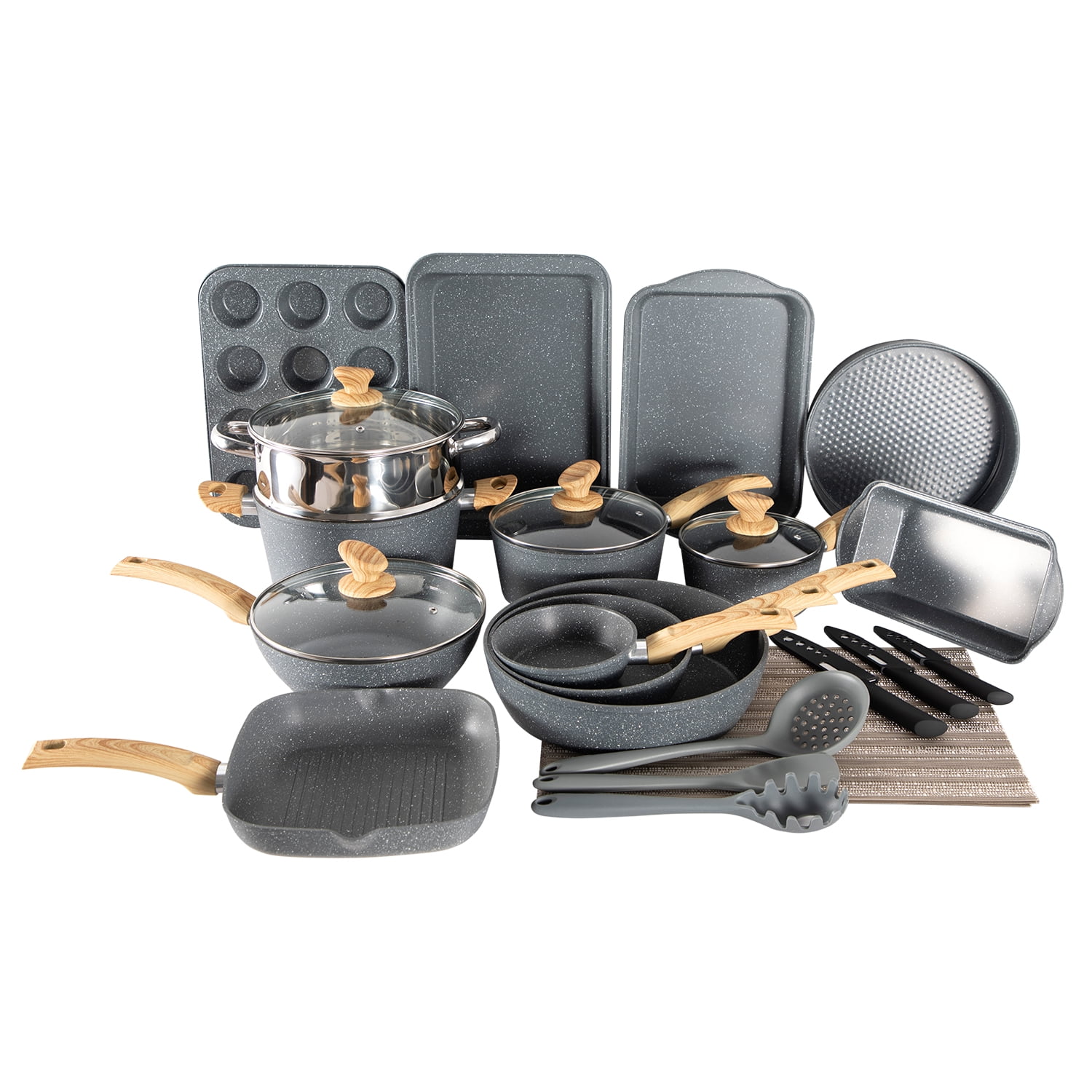 MF Studio 30 Pieces Cookware & Bakeware Set Granite Nonstick Pots and