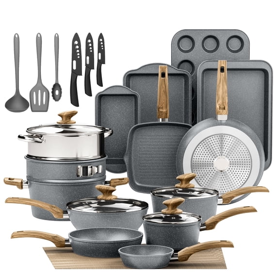 MF Studio 30 Pieces Cookware & Bakeware Set Granite Nonstick Pots and Pans, Blue Gray