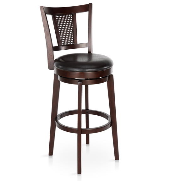 MF Studio 30" Wood Swivel Bar Height Stool with Back, Farmhouse Upholstered Pub Chair with Extra Large Seat & Hollow Pattern Back, Walnut