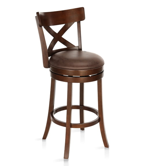 MF Studio 30" Wood Swivel Bar Height Stool with Back, Farmhouse Upholstered Pub Chair with Extra Large Seat & X-Shaped Back, Cherry