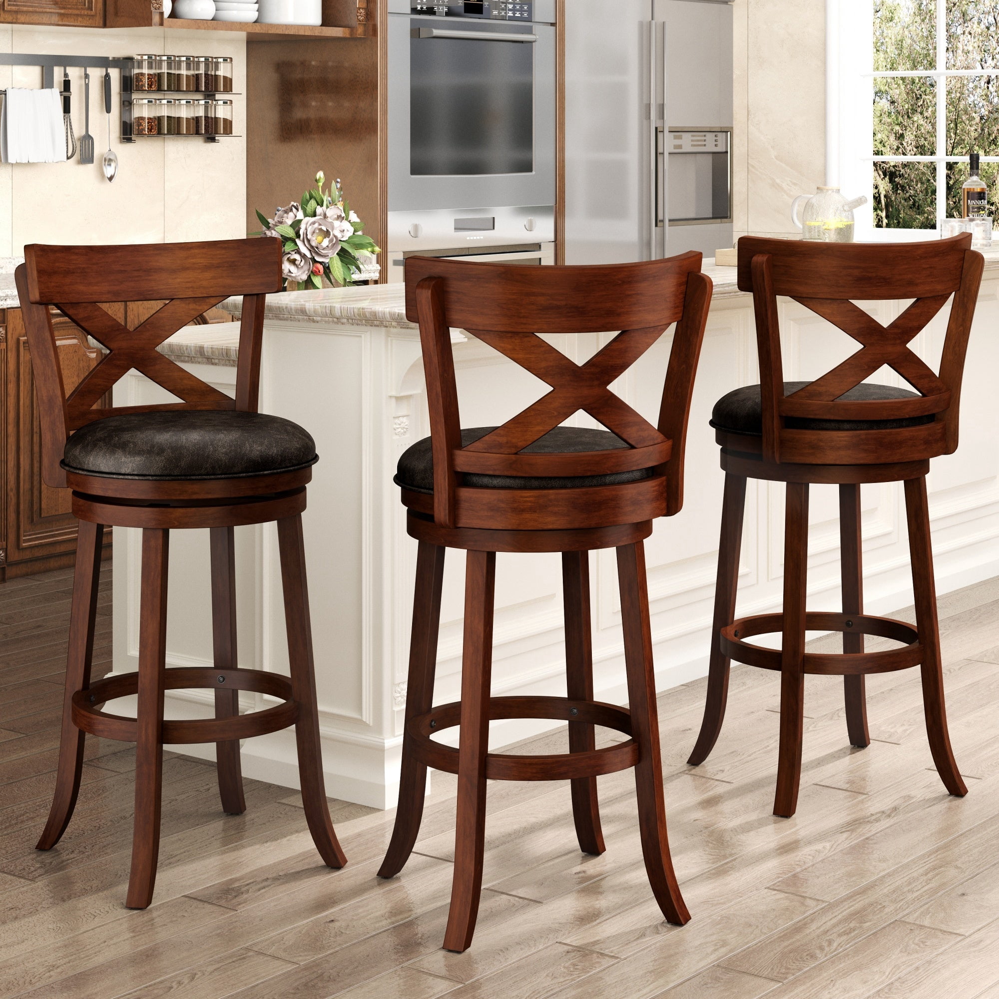 MF Studio 30" Wood Swivel Bar Height Stool with Back Set of 3, Farmhouse Upholstered Pub Chair with Extra Large Seat & X-Shaped Back, Cherry