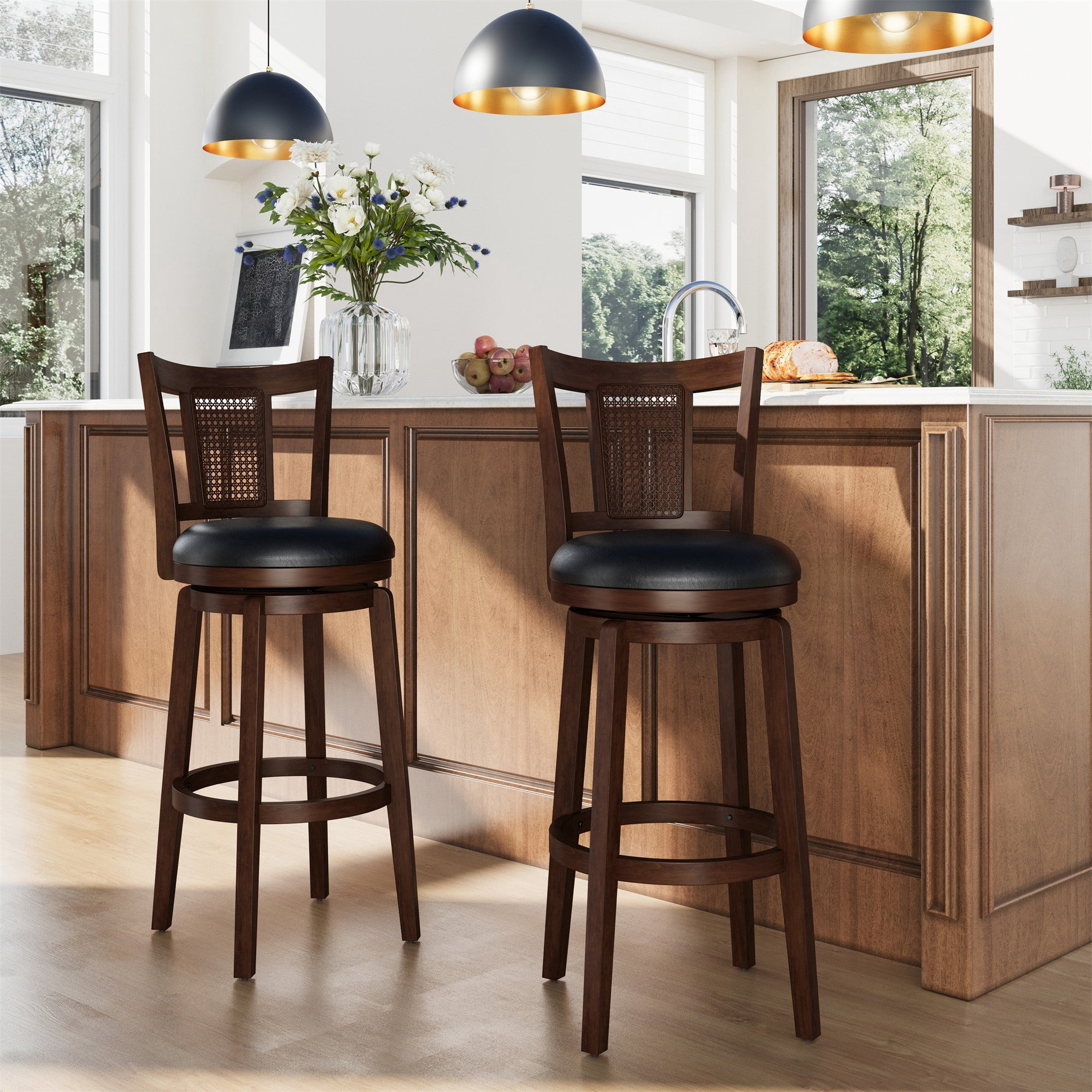 MF Studio 30" Wood Swivel Bar Height Stool with back Set of 2, Farmhouse Upholstered Pub Chair with Extra Large Seat & Hollow Pattern Back, Walnut