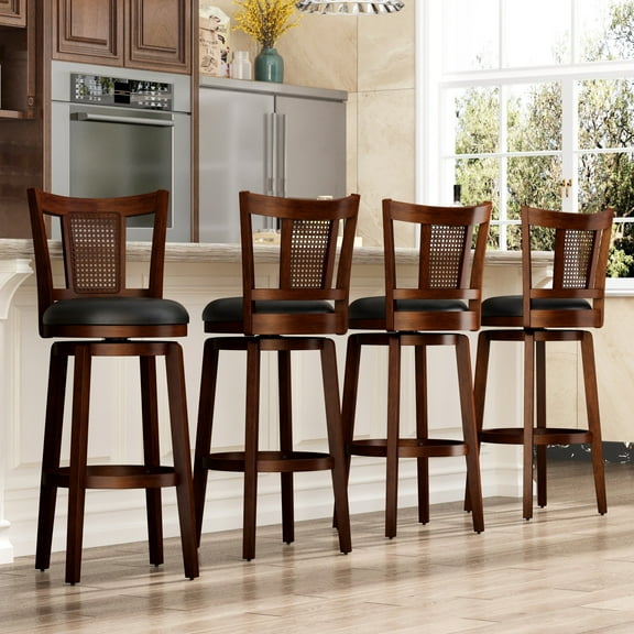 MF Studio 30" Wood Swivel Bar Height Stool with back Set of 4, Farmhouse Upholstered Pub Chair with Extra Large Seat & Hollow Pattern Back, Walnut