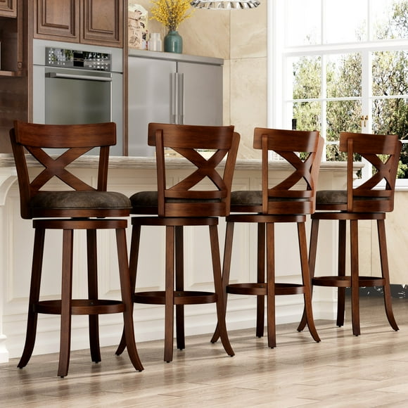 MF Studio 30" Wood Swivel Bar Height Stool with back Set of 4, Farmhouse Upholstered Pub Chair with Extra Large Seat & X-shaped Back, Cherry