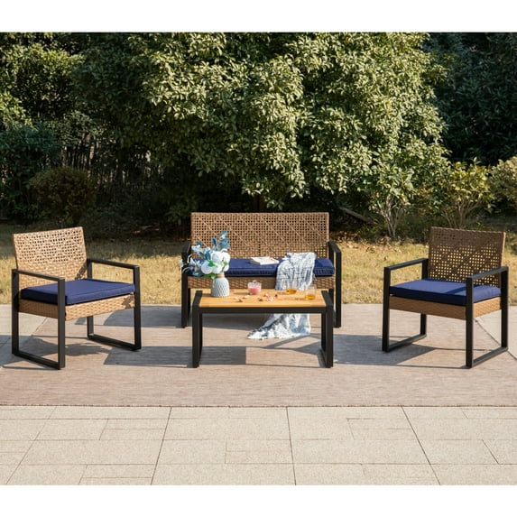 MF Studio 4-Piece All-Weather Rattan Patio Furniture Set, Outdoor Conversation Set with Wood Table, Brown and Navy Blue