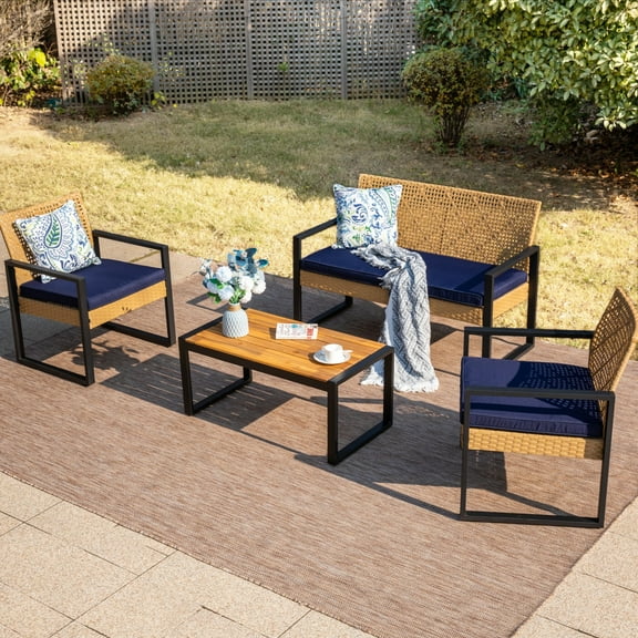 MF Studio 4-Piece All-Weather Rattan Patio Furniture Set, Outdoor Conversation Set with Wood Table, Yellow and Navy Blue