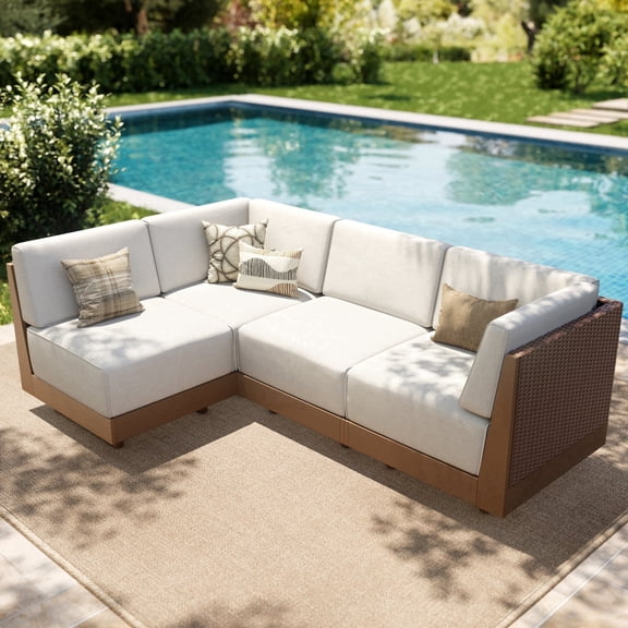 SUMMIT LIVING 4 Piece HDPE Outdoor Patio Furniture Set with Modular Sofa, Oversized Wicker Outdoor Patio Sectional Sofa Set with 8.7inc Thick Cushions, Beige