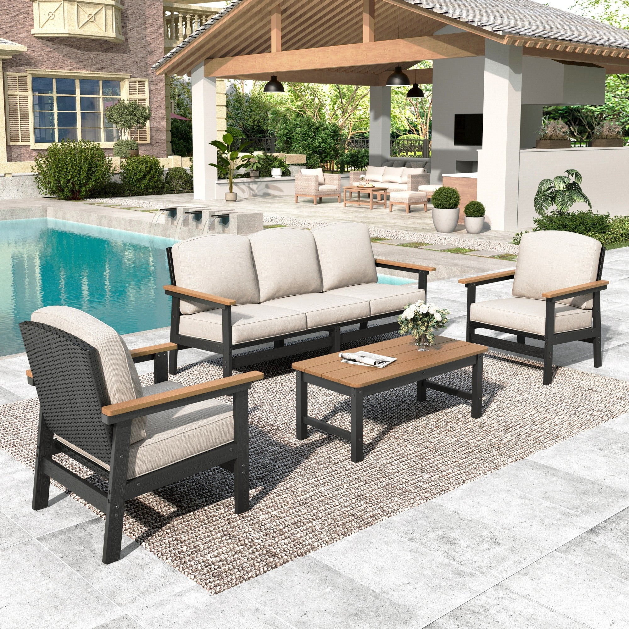 MF Studio 4-Piece HDPE Patio Furniture Set, Weatherproof Outdoor Conversation Set with Thick Cushions and Coffee Table, Black and Teak Wood-grain