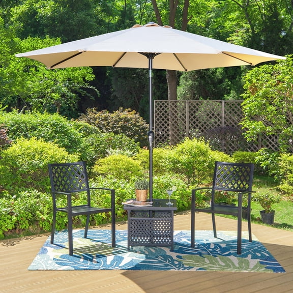 SUMMT LIVING 4-Piece Outdoor Conversation Set with 9 ft Umbrella, Side Table & Two Stack-able Chairs, Black & Beige