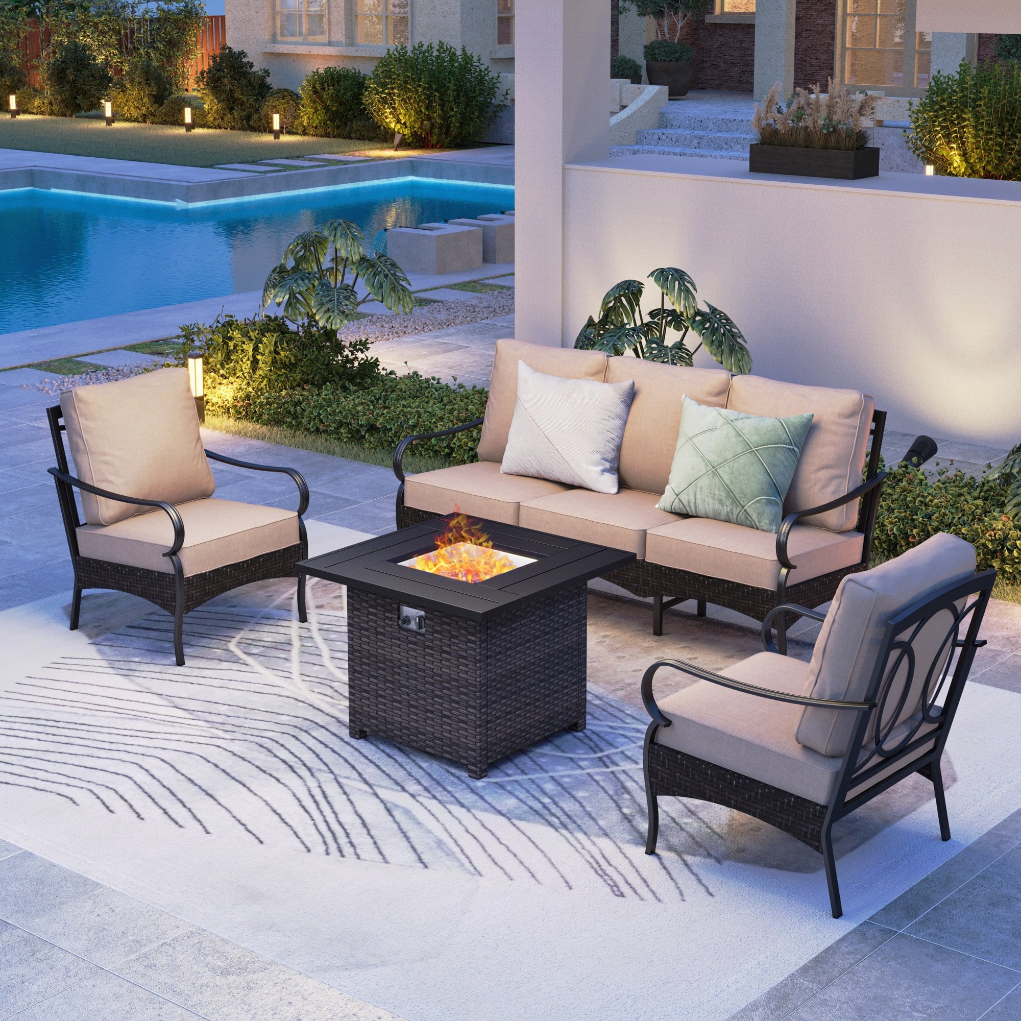 MF Studio 4-Piece Outdoor Patio Conversation Set with 32" Fire Pit Table, Wicker Outdoor Furniture Set with Propane Gas Fire Pit Table, Patio Fire Pit Set for 5-People