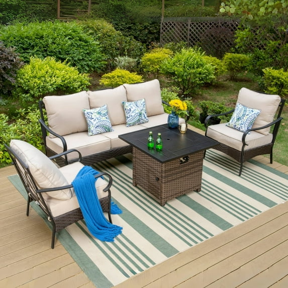 MF Studio 4-Piece Outdoor Patio Furniture Set with 32" Fire Pit Table, Metal Outdoor Patio Conversation Set for 5 People, Patio Fire Pit Set
