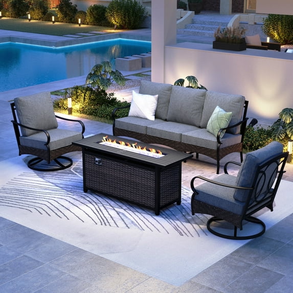 Summit Living 4-Piece Outdoor Patio Furniture Set with 57” Fire Pit Table, Fire Pit Set with Swivel Chairs for 5, Gray