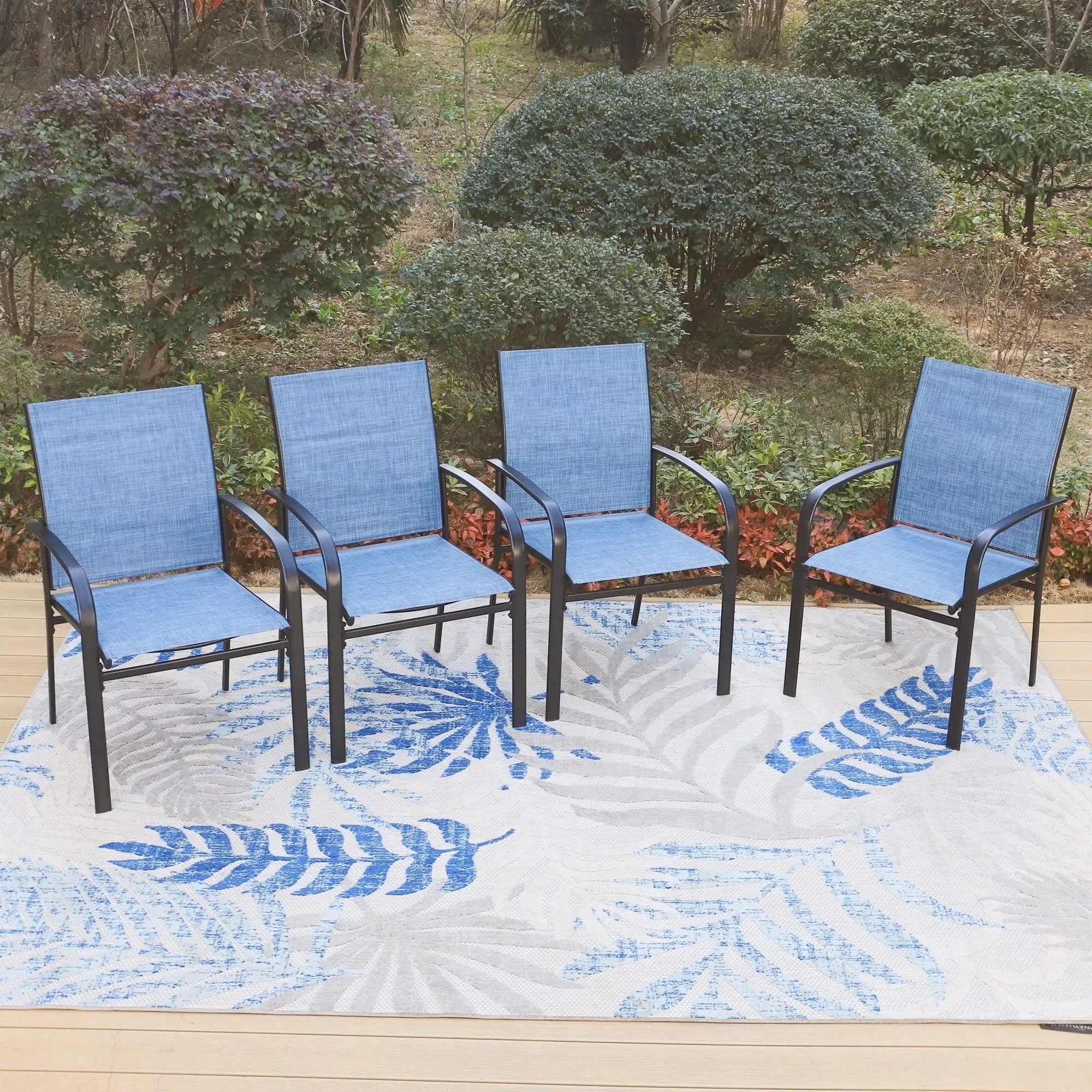 SUMMIT LIVING 4-Piece Outdoor Patio Dining Chairs, Steel Frames with Textilene, Black & Blue
