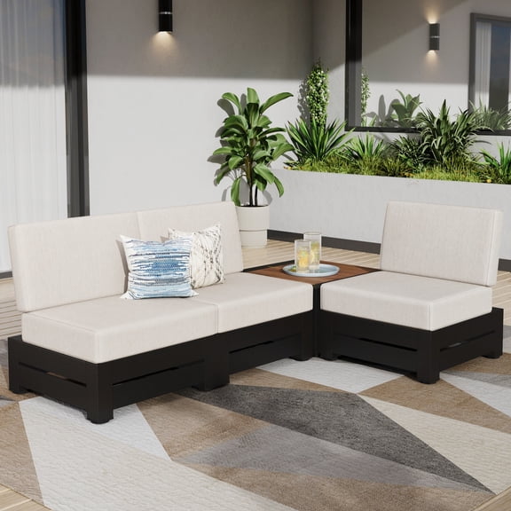 MF Studio 3-Seat Outdoor Patio Furniture Set with Wood-Grain Coffee Table, Metal Outdoor Patio Sectional Conversation Set with Oversize Modular Seat, Beige