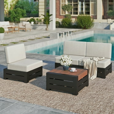 MF Studio 4-Piece Patio Conversation Set, Outdoor Sectional Sofa, Armless Seating Group with Thick Cushions & Wood-grained Table