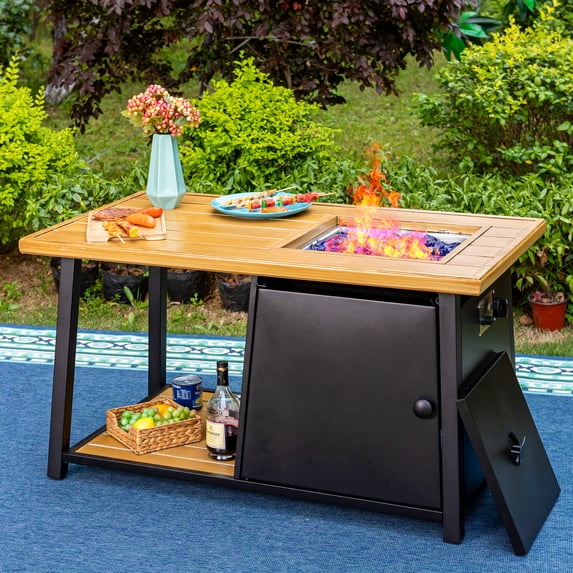 MF Studio 46" 50000BUT Propane Gas Fire Pit Table with Lid and Blue Fire Glass Metal Rectangular Outdoor Propane Fire Pits Black