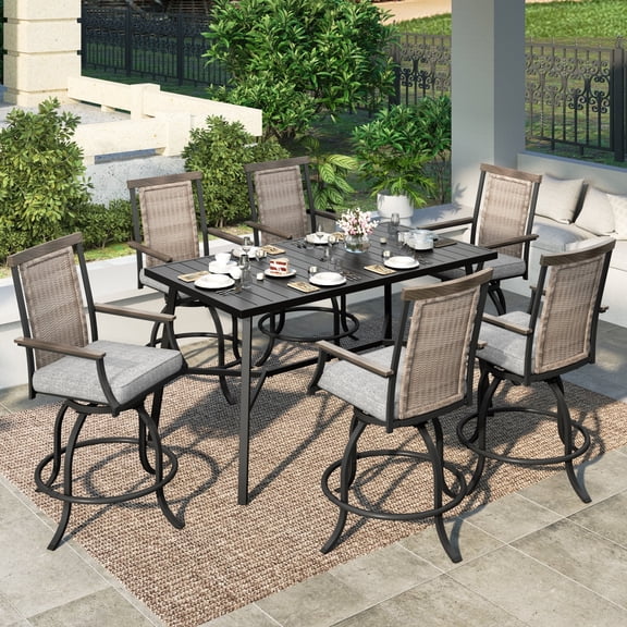 7-Piece Outdoor Patio Bar Set, Outdoor Bar Height Table with Umbrella Hole & High Back Cushioned Swivel Chairs, Outdoor Patio Bar Height Dining Set for 6, Black & Gray
