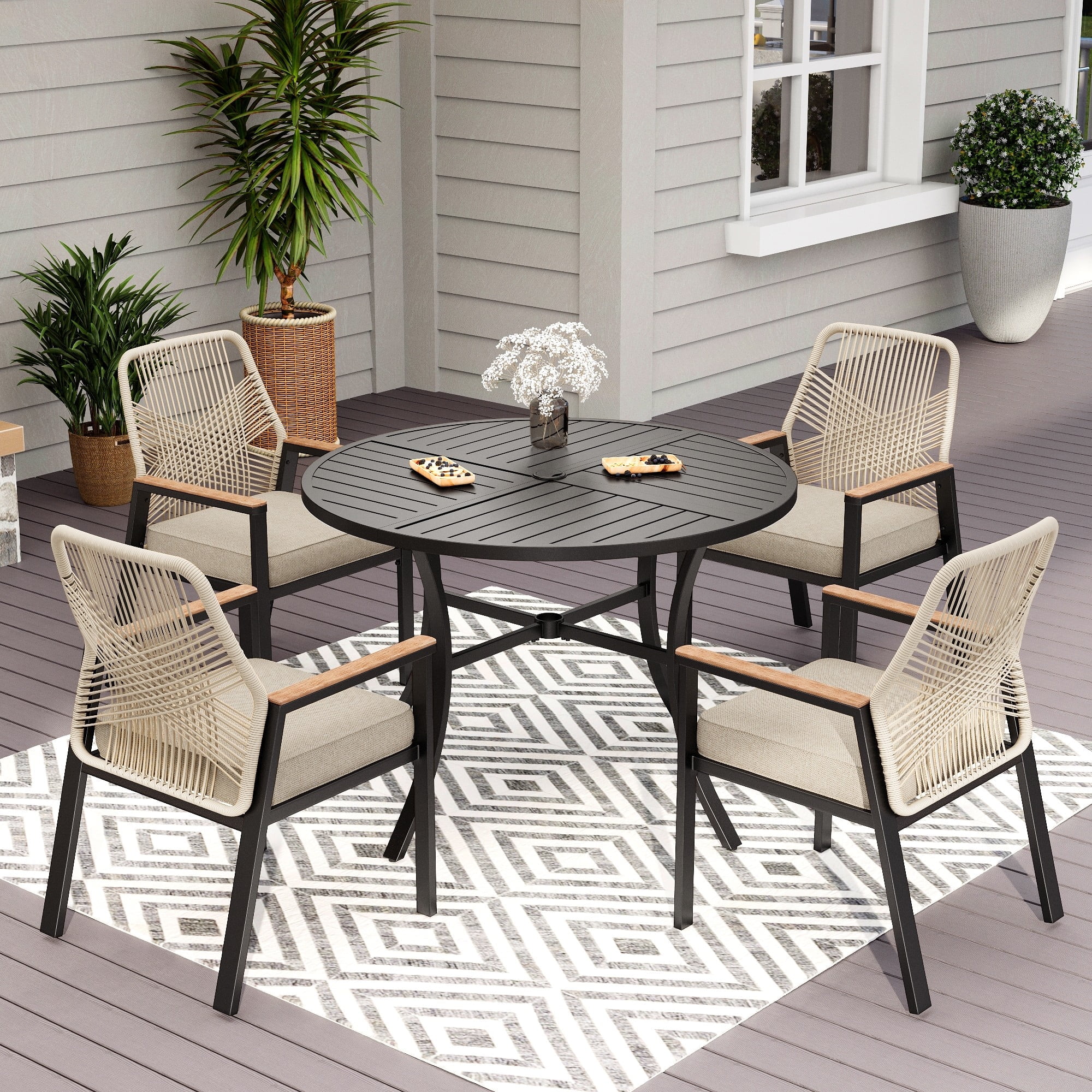 MF Studio 5-Piece Outdoor Dining Set, 4 Cushioned Rattan Chairs and Round Table with Umbrella Hole, Black and Beige