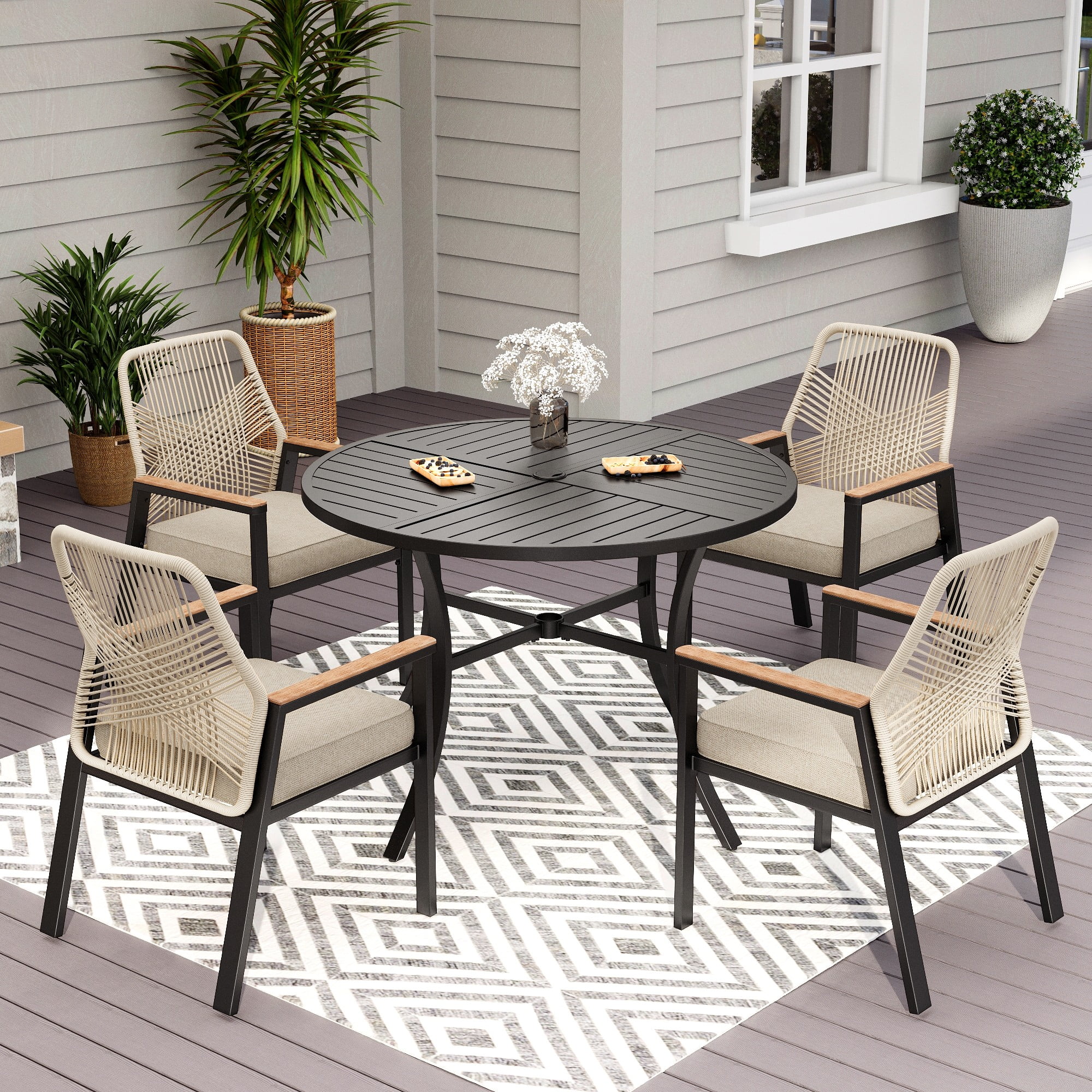 MF Studio 5-Piece Outdoor Dining Set, Cushioned Rattan Chairs