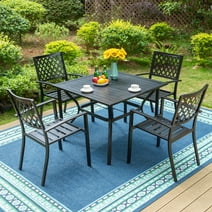 MF Studio 5-Piece Outdoor Dining Set Metal Patio Furniture with 4 PCS Stacking Armchairs & 1 PC Square Table with Umbrella Hole,  Suitable for Garden, Yard & Deck, Black