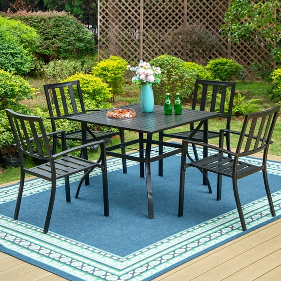 MF Studio 5-Piece Outdoor Patio Dining Set with 4 Metal Stacking Armchairs & 1 Square Table with Umbrella Hole, Black