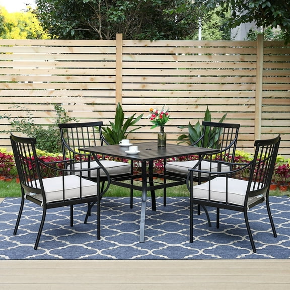 MF Studio 5-Piece Outdoor Dining Set with Cushioned Armchairs & Square Table for 4-Person, Black & Beige