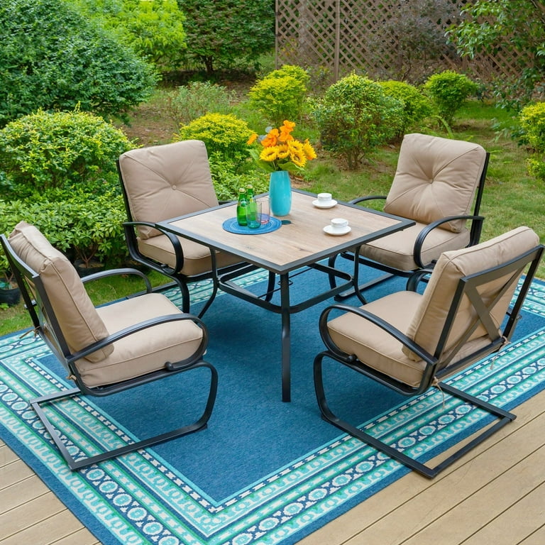 MF Studio 5 Piece Outdoor Dining Set with C Shape Rocking Chairs Faux Wood Table for 4 Person Black Beige