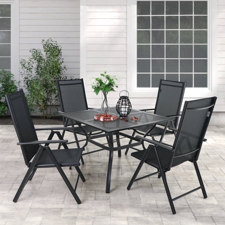 SUMMIT LIVING 5-Piece Outdoor Patio Aluminum Folding Dining Set Modern Furniture with 7-Level Adjustable Textilene Chairs&Square Table, Black