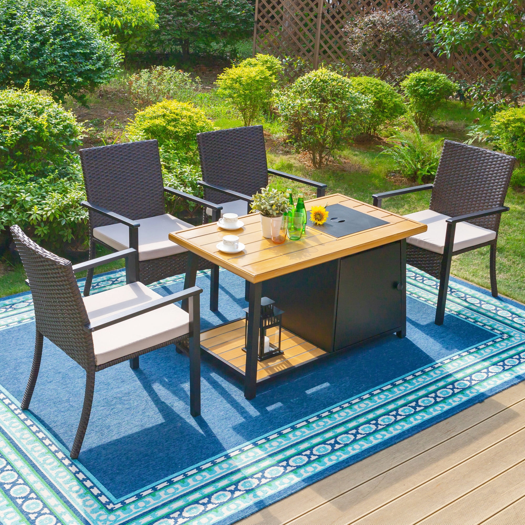MF Studio 5-Piece Outdoor Patio Conversation Set with 50,000 BTU Fire Pit Table & 4 Wicker Chairs, Dark Brown Sansujyuku sansujyuku.com