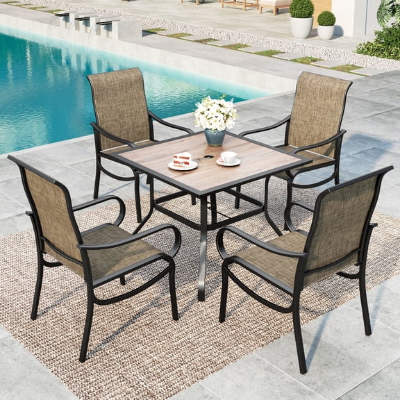 SUMMIT LIVING 5-Piece Outdoor Patio Dining Set, 37" Wood-Look Square Outdoor Patio Table and Textilene Chairs, Black & Brown-gray