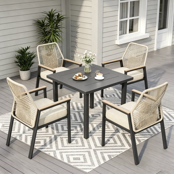 MF Studio 5-Piece Outdoor Patio Dining Set, 4 Rattan Rope-Woven Chairs & 34.2" Square Table with 1.6"-2" Umbrella Hole, Black and Beige