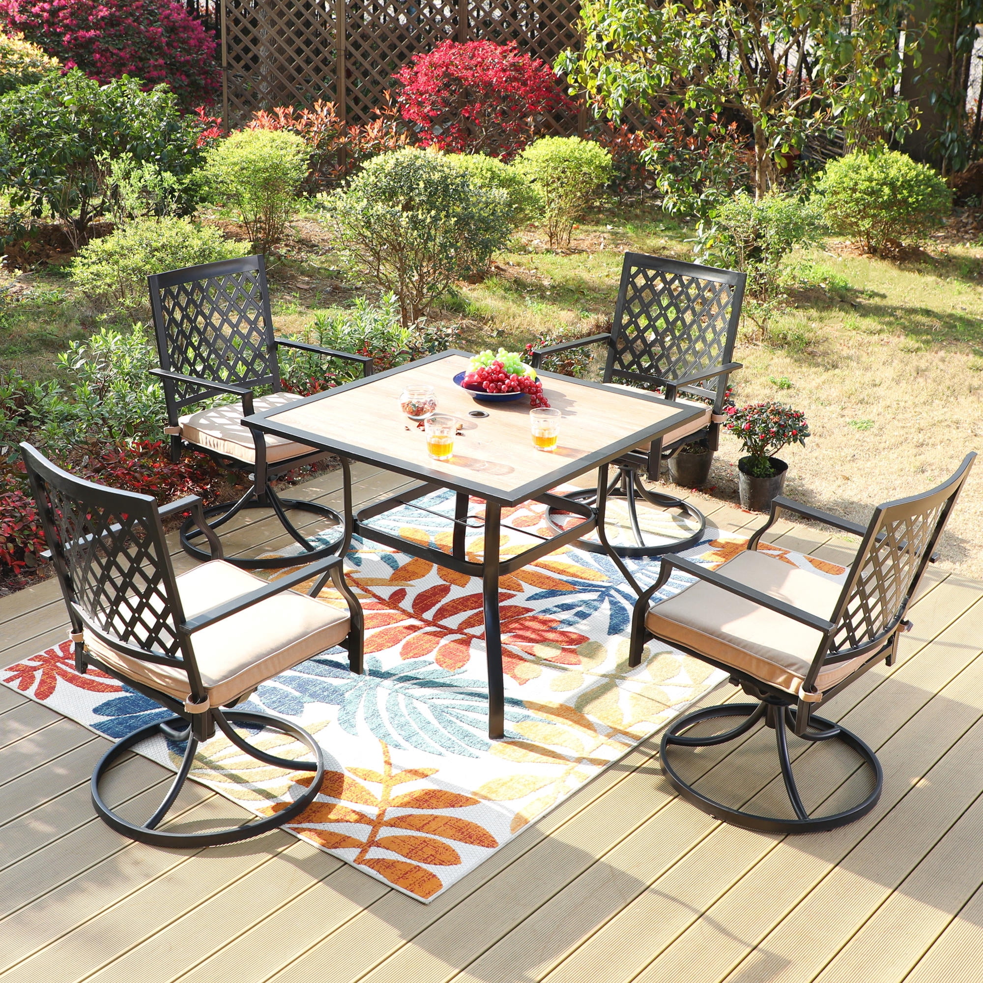 MF Studio 5-Piece Outdoor Patio Dining Set, Swivel Cushioned Chairs & Square Table with Umbrella Hole for 4-Person, Black & Beige Sansujyuku sansujyuku.com